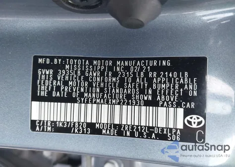 2021 Toyota Corolla Le from USA, damaged, VIN 5YFEPMAEXMP221930